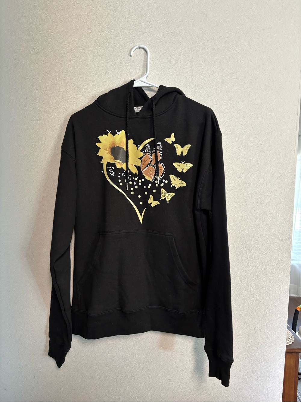 Black Pullover Hoodie with Yellow Sunflower & Butterfly Heart Graphic
